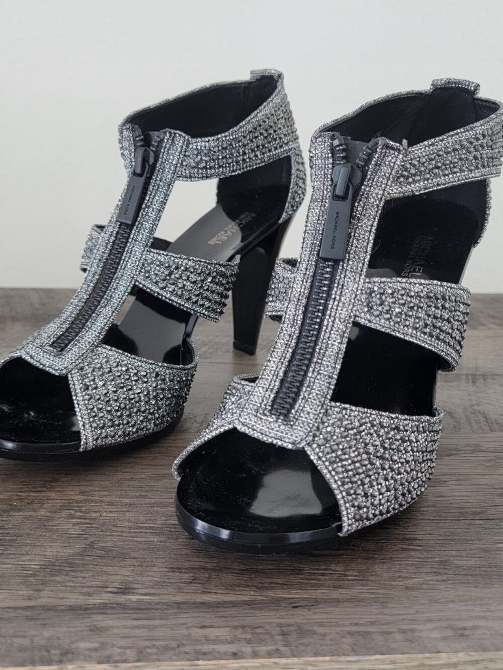 Michael Kors Berkley T-Strap Silver Glitter Rhinestone Caged Heels